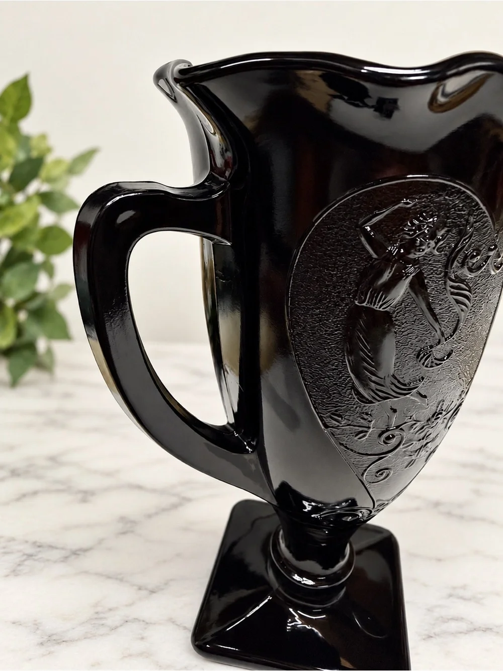 Vintage Black Amethyst Glass Double Handle Vase Urn Dancing Lady Art Deco